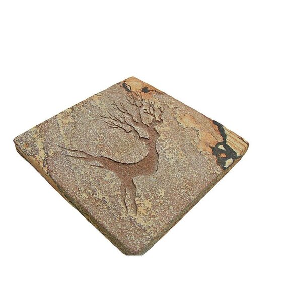 Set Of 4 Ornate Sandstone Tile Cork Back Coasters Wildlife Wooden Stand Pottery - Picture 5 of 8